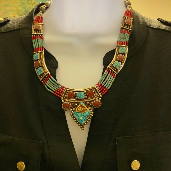 NEPAL JEWELRY 925 SILVER PLATED TIBETAN CORAL TURQUOISE NECKLACE - Picture 3 of 8